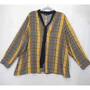 New Look Women 3X Yellow Black‎ Houndstooth Plaid Blouse Long Sleeve Office